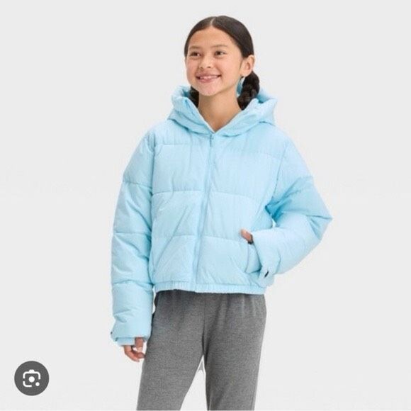 All in Motion Girls Blue Short Puffer Jacket M(8) NWT Wind & Water Resistant Zip - Picture 1 of 17